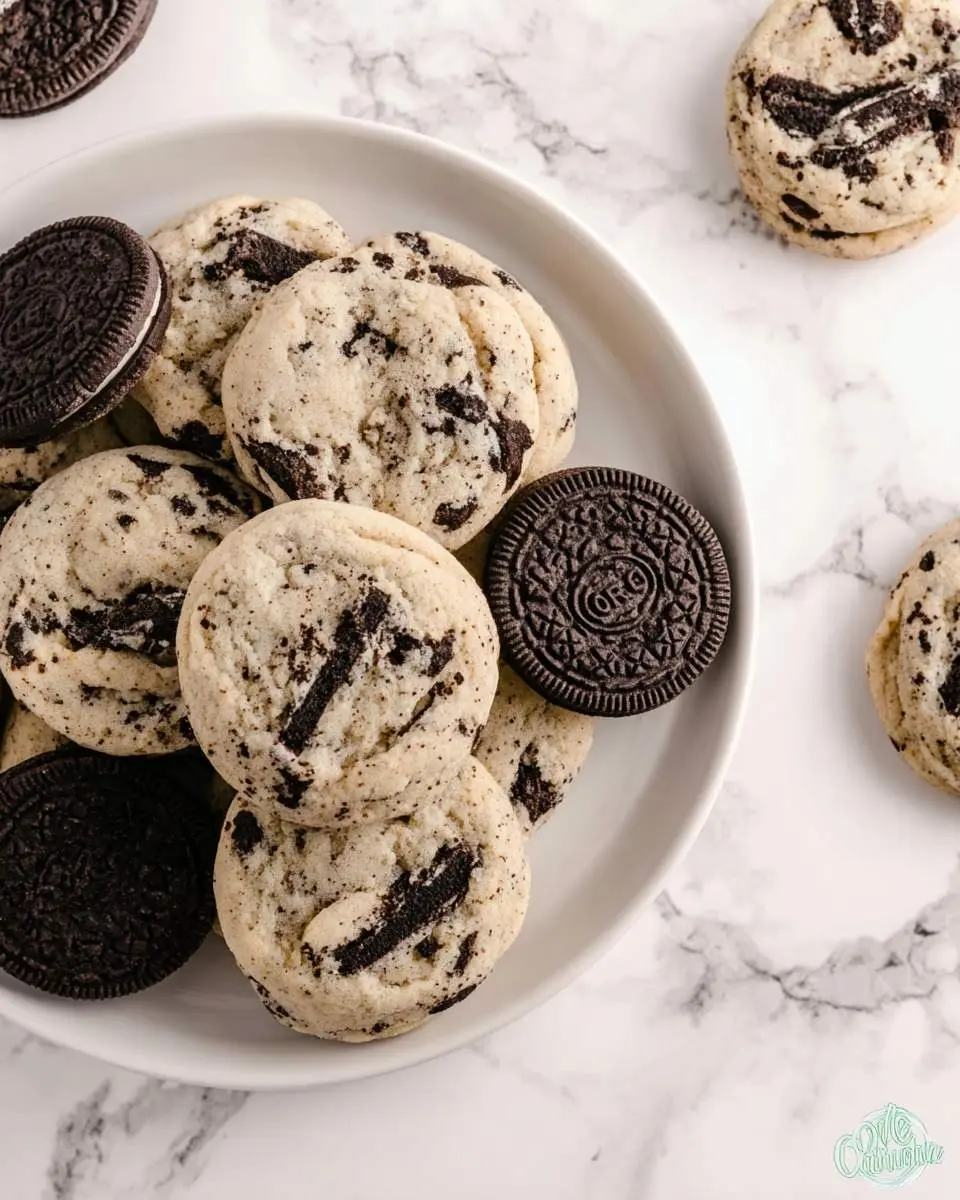 oreo cookies 4 A white plate filled with homemade oreo cookies and chocolate sandwich cookies on a marble surface.