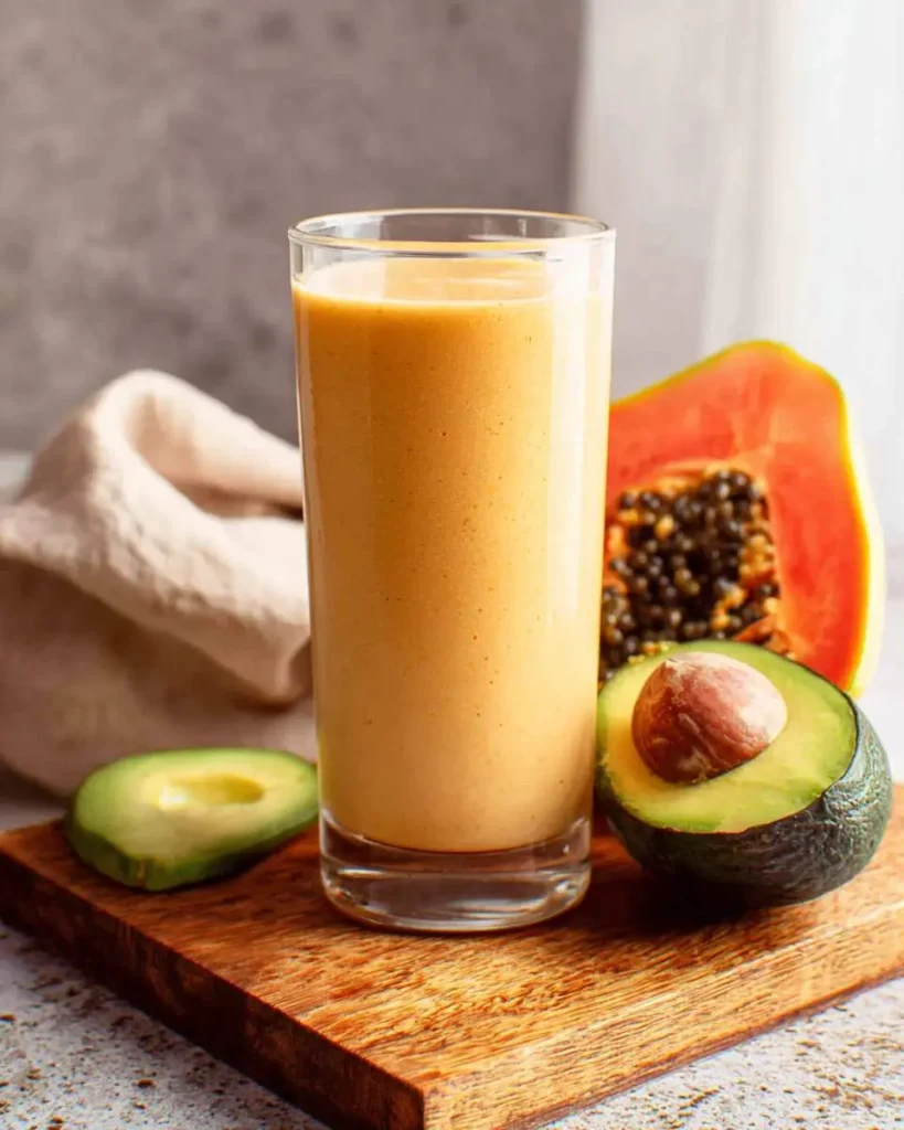 A tall glass of creamy papaya avocado smoothie sits on a wooden board with fresh avocado halves and papaya.