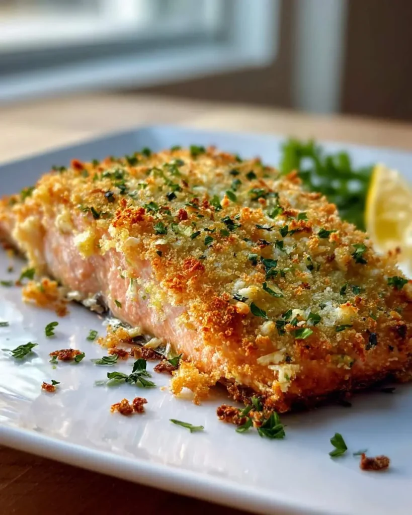 Golden Parmesan Crusted Baked Salmon fillet topped with crispy breadcrumbs and fresh herbs on a white plate.