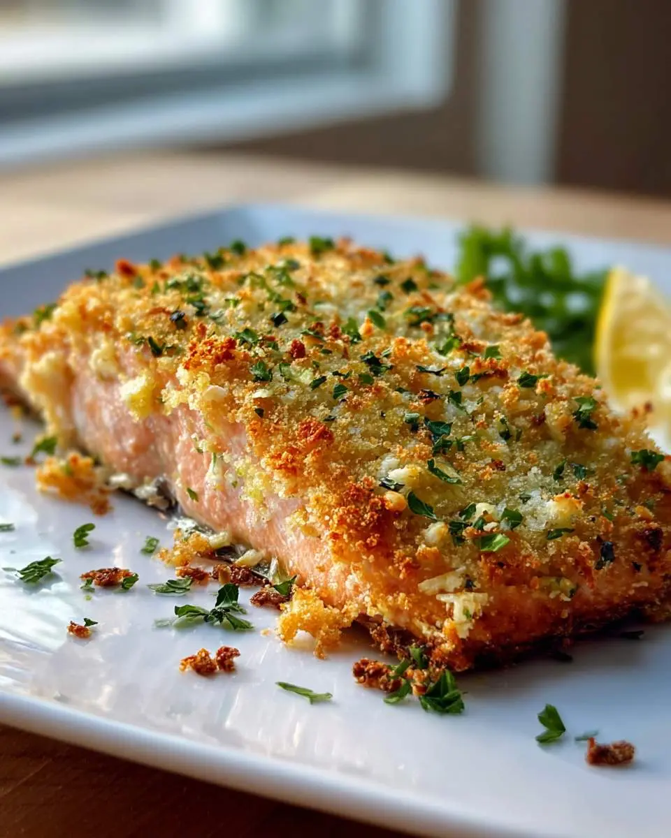 Golden Parmesan Crusted Baked Salmon fillet topped with crispy breadcrumbs and fresh herbs on a white plate.
