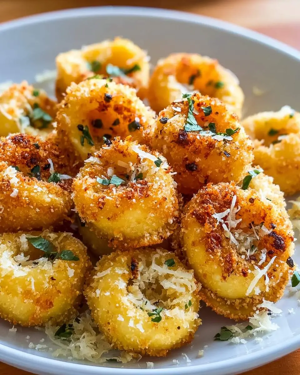 Parmesan Crusted Tortellini Bites 4 Golden brown Parmesan Crusted Tortellini Bites stacked on a plate, topped with fresh herbs and grated cheese.