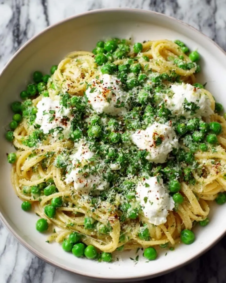 Pea And Ricotta Pasta 4 A bowl of Pea And Ricotta Pasta with creamy ricotta dollops, fresh green peas, herbs, and grated cheese on spaghetti.