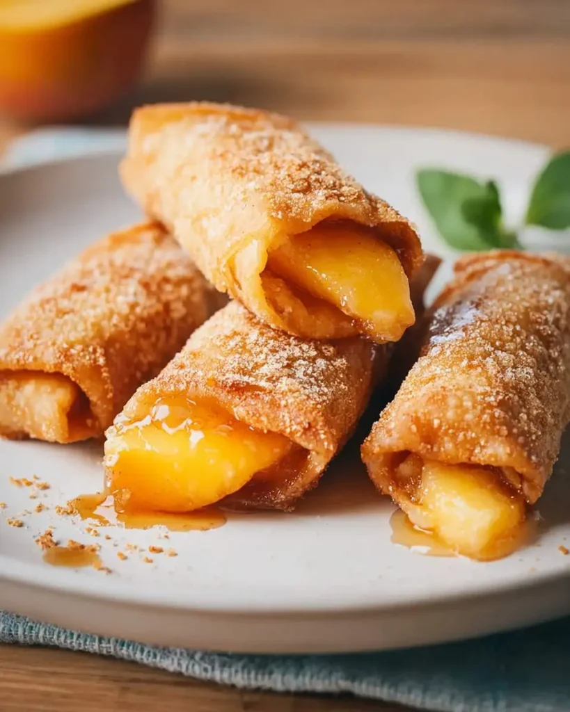 Golden crispy peach cobbler egg rolls dusted with cinnamon sugar, filled with warm peach filling on a white plate.