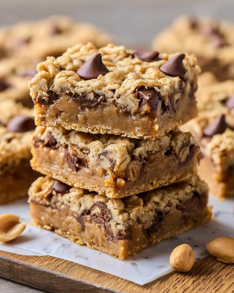 Stack of three Peanut Butter Oatmeal Cookie Bars with chocolate chips and caramel filling on parchment paper.