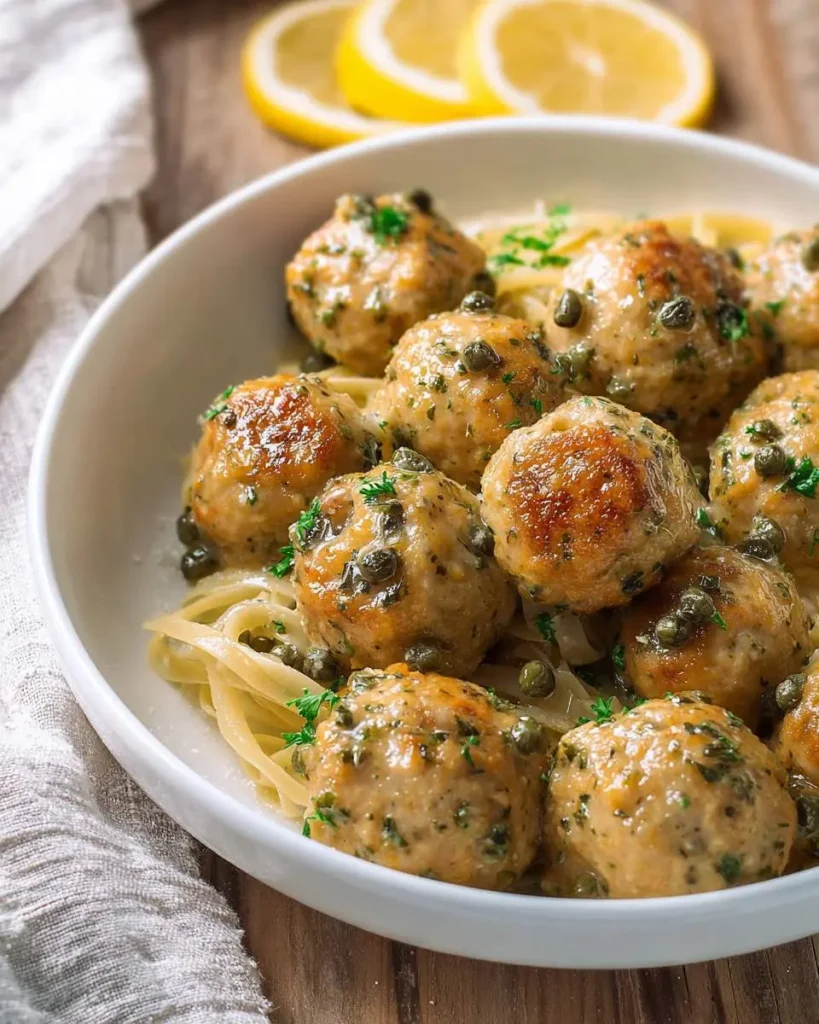 Golden brown Piccata Meatballs served over linguine pasta with capers, fresh herbs, and lemon slices in the background.