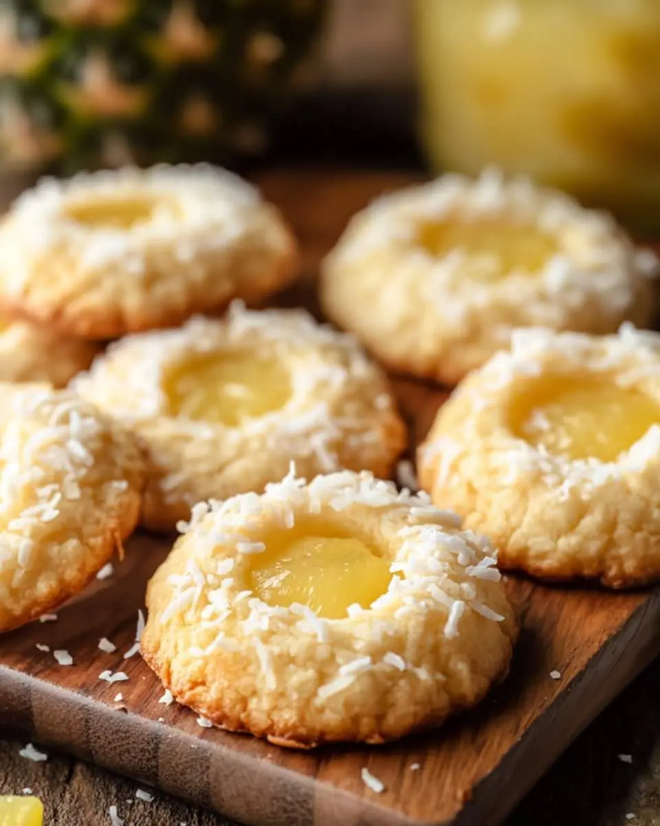 Golden pineapple coconut thumbprint cookies topped with shredded coconut and filled with bright yellow pineapple jam on a wooden board.