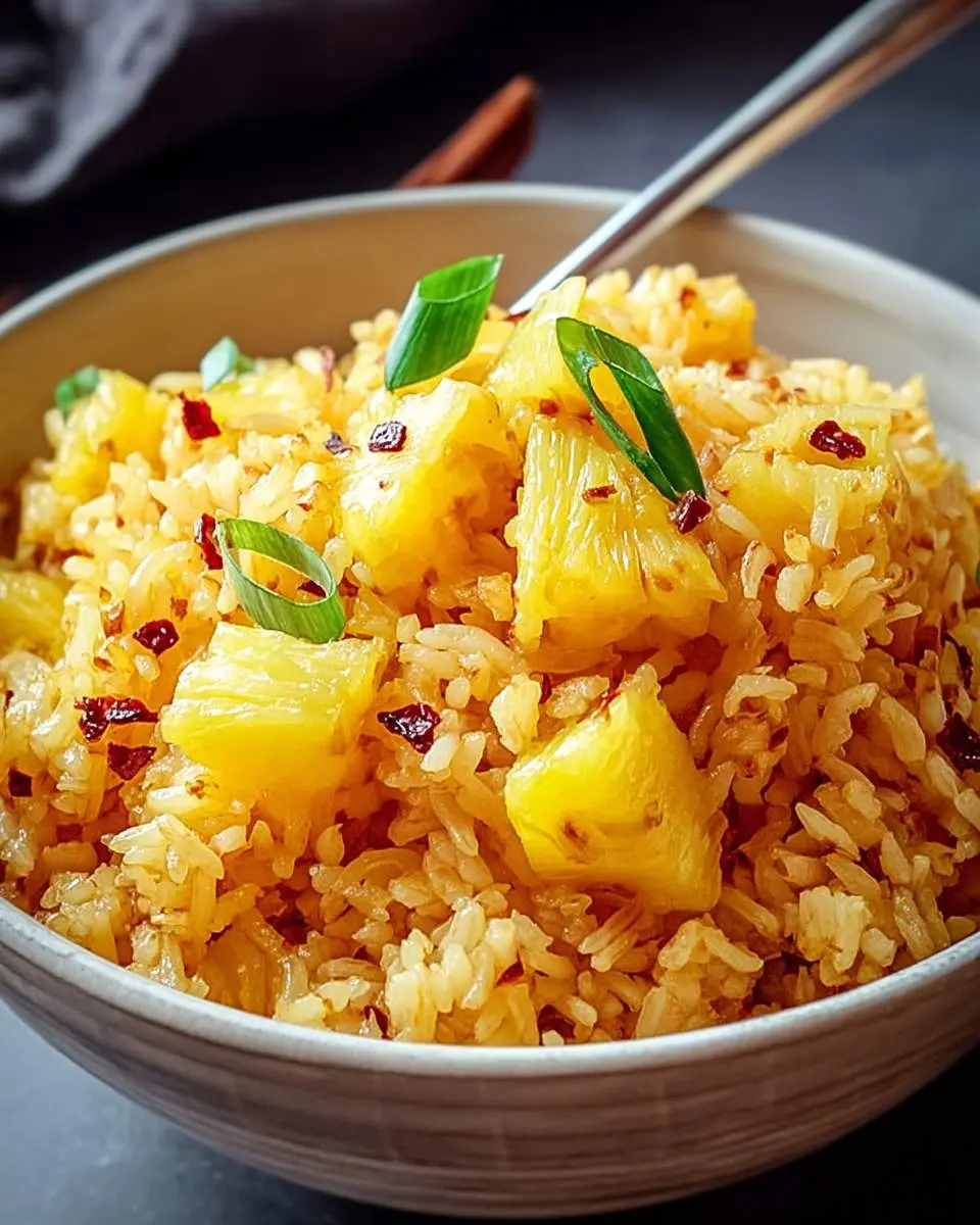 A bowl of golden Pineapple Rice topped with fresh pineapple chunks, green onions, and chili flakes with chopsticks.