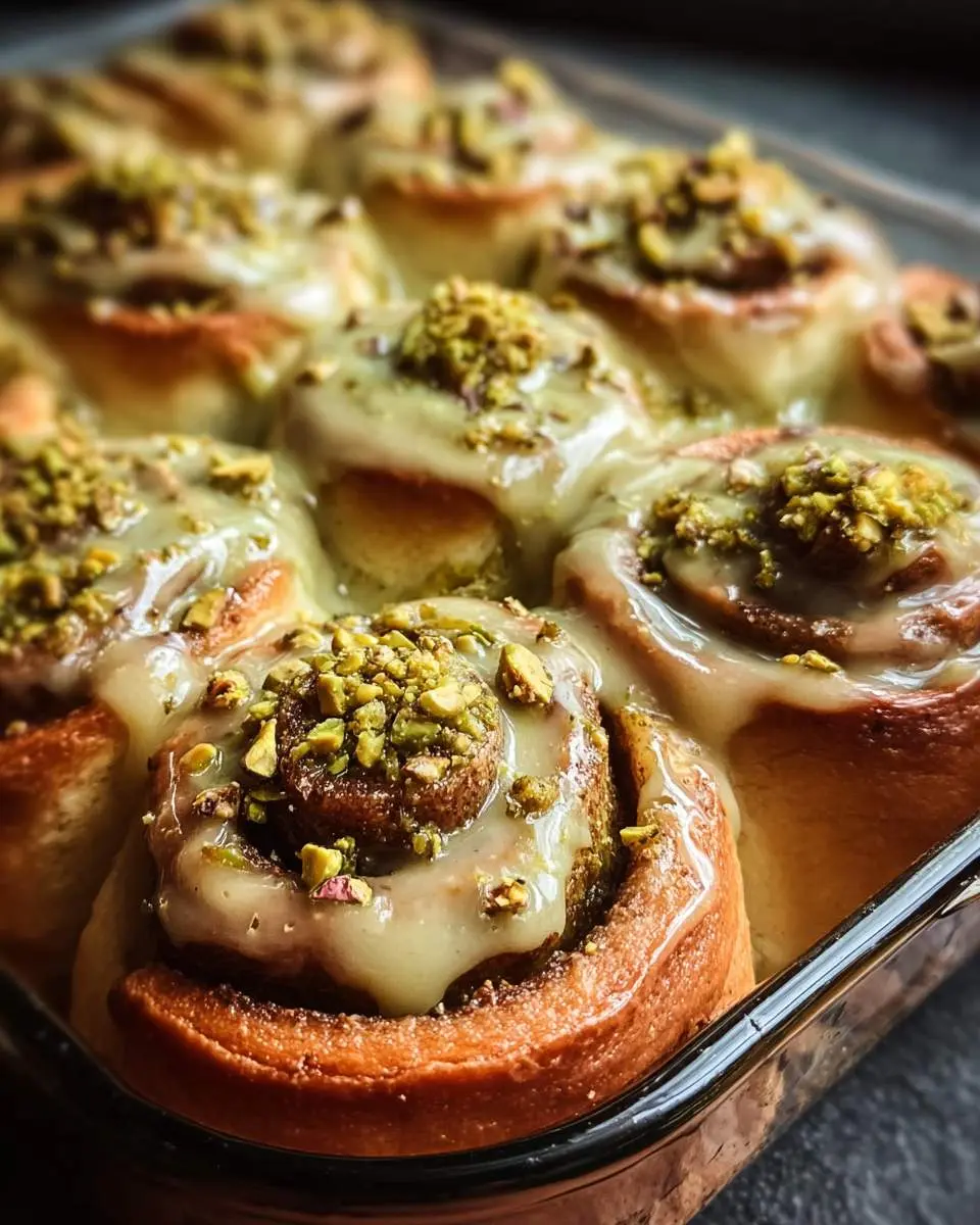 Pistachio Cream Cinnamon Rolls 4 Freshly baked Pistachio Cream Cinnamon Rolls topped with green pistachio glaze and crushed nuts in a glass baking dish.