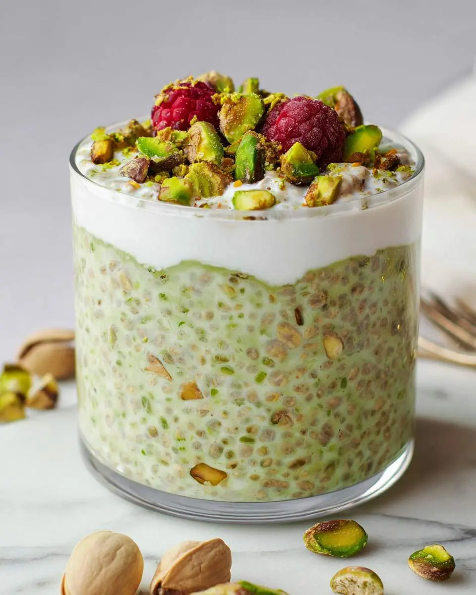 Pistachio overnight oats 4 Layered pistachio overnight oats in a glass topped with yogurt, crushed pistachios, and fresh raspberries.