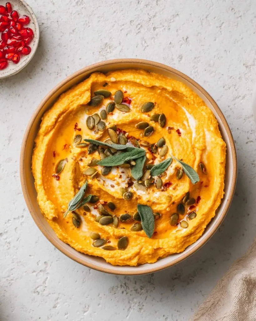 Creamy Pumpkin Whipped Feta Dip topped with pepitas, sage leaves, and chili flakes in a ceramic bowl.
