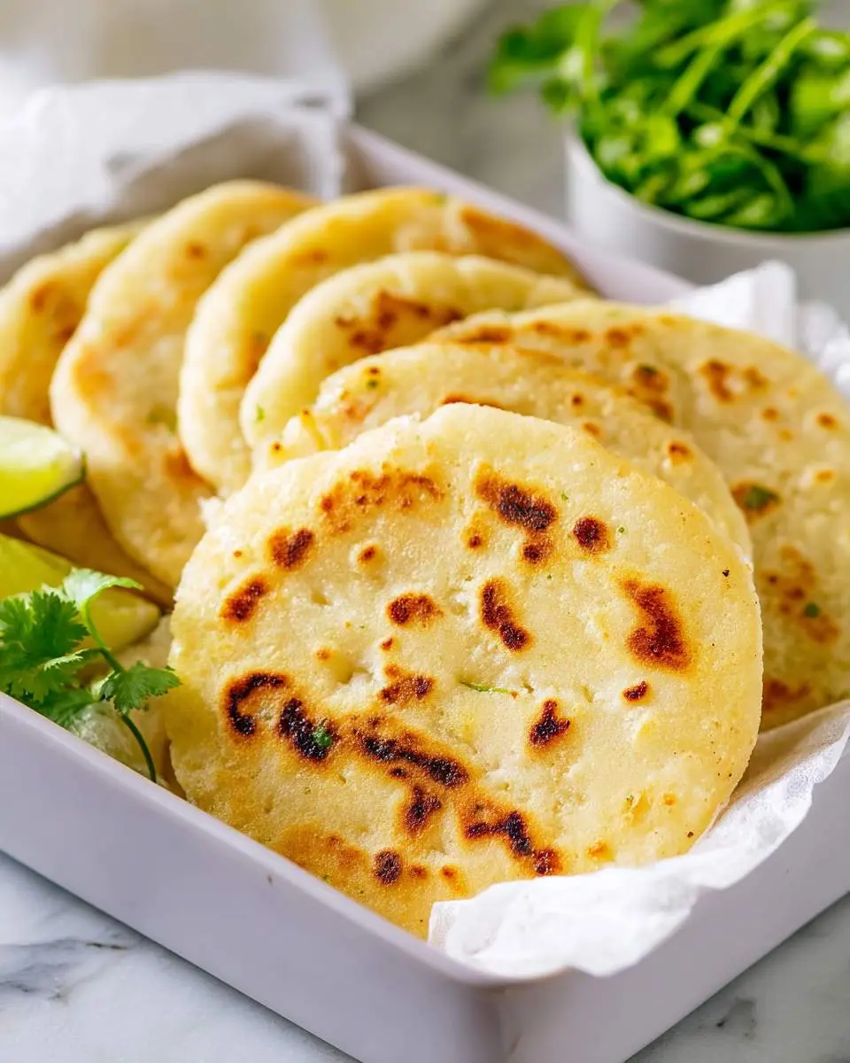Pupusa Recipe 4 Freshly cooked golden pupusas arranged in a white serving dish with lime wedges and cilantro.