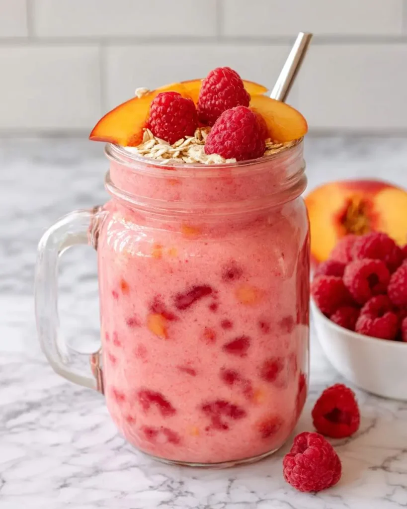 Raspberry Peach Smoothie served in a mason jar with fresh fruit and oats on top.
