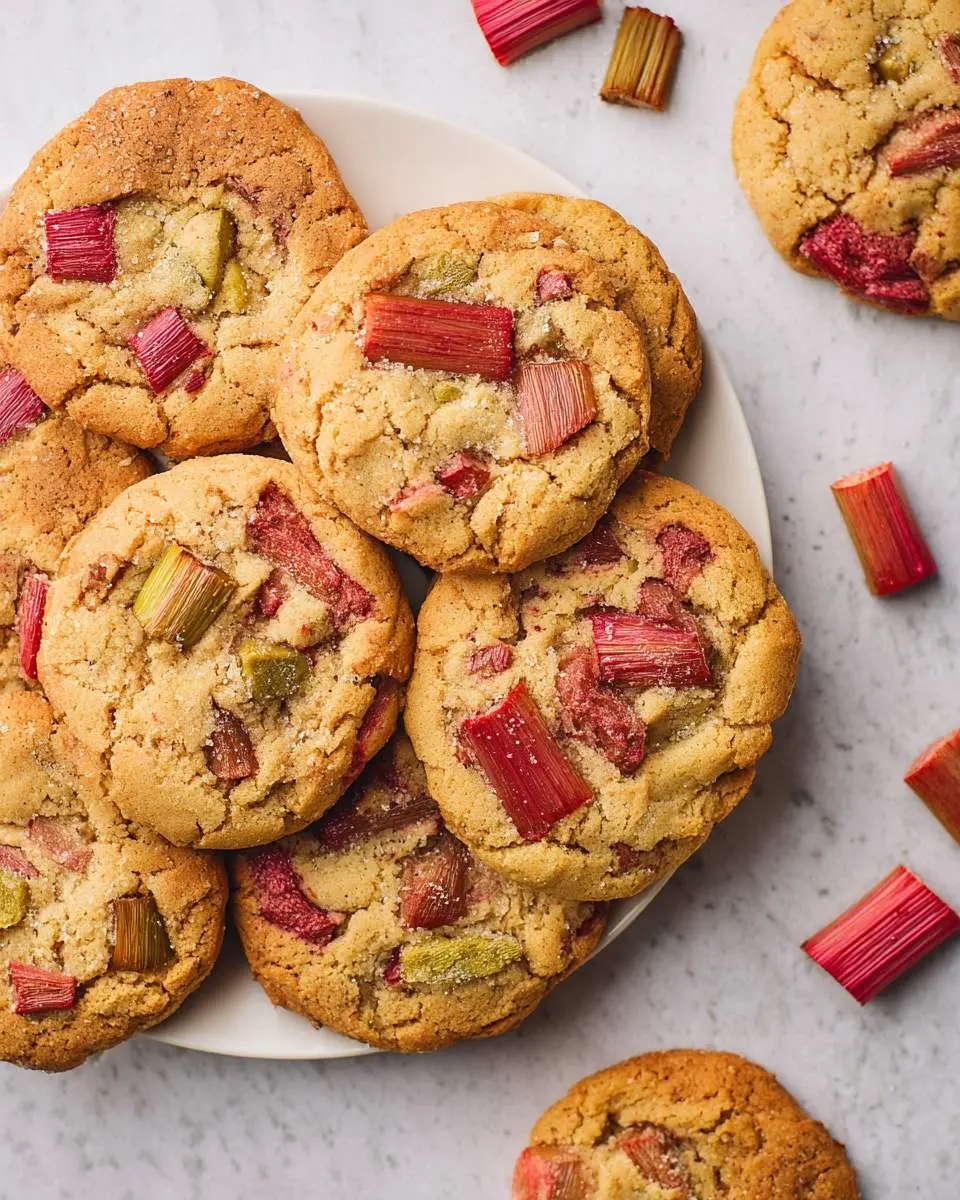 Fresh rhubarb cookies ingredients and preparation with diced stalks and dough