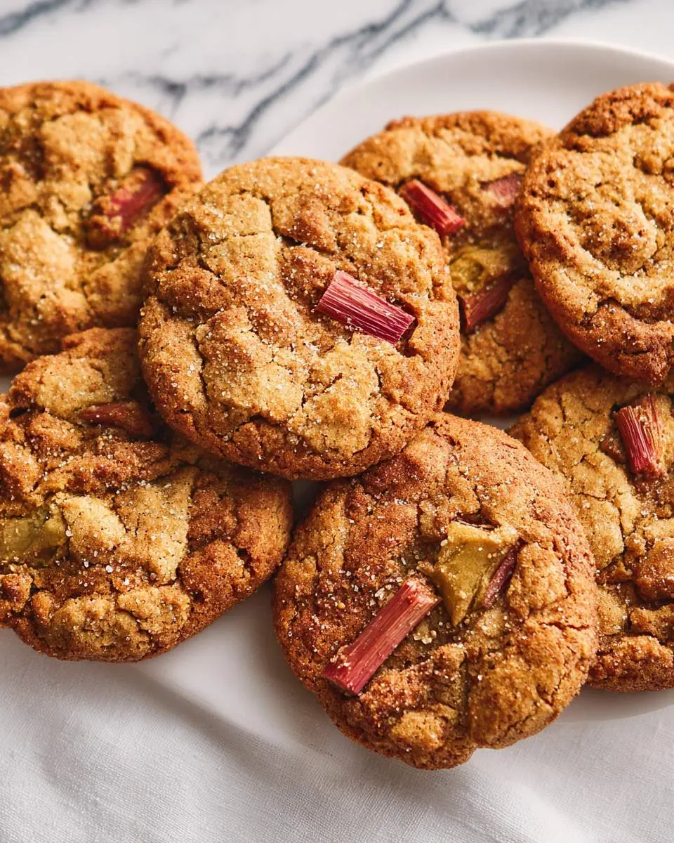 Golden brown rhubarb cookies stacked on a white plate, topped with visible rhubarb pieces and sprinkled with sugar.