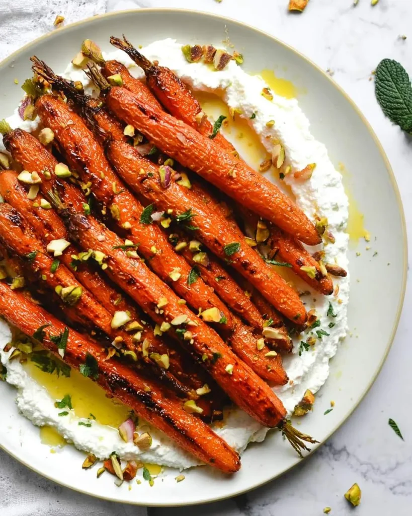 Roasted carrots with whipped feta on a plate, topped with chopped pistachios and fresh herbs.