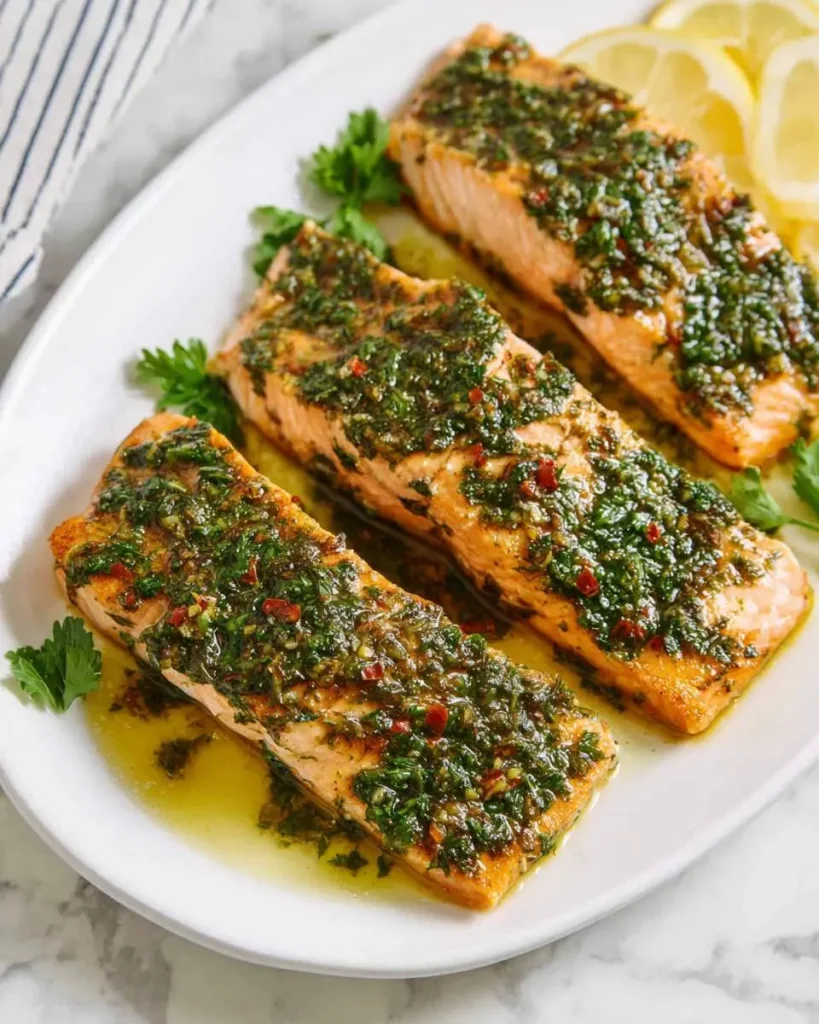 Three salmon fillets topped with green chimichurri sauce on a white plate with lemon slices and parsley.