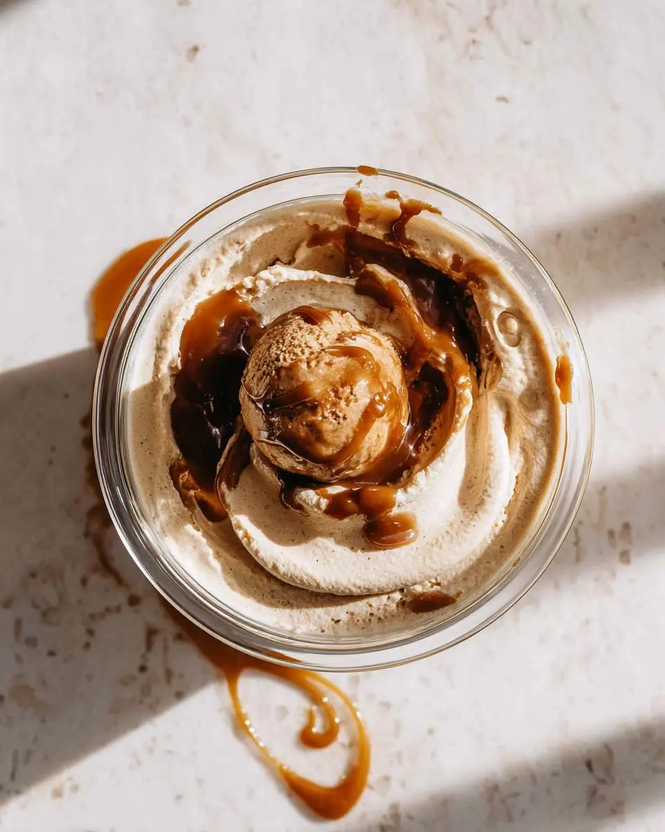 Top-down view of Salted Caramel Ninja Creami ice cream in a glass bowl with caramel drizzle and whipped topping.
