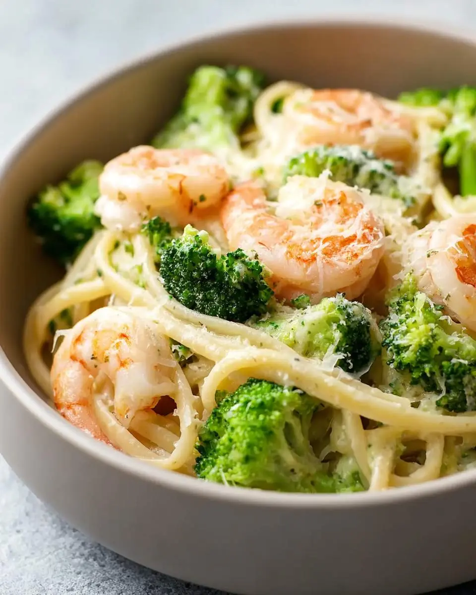 Shrimp and Broccoli Pasta 1 Fresh shrimp and broccoli pasta ingredients arranged on a cutting board