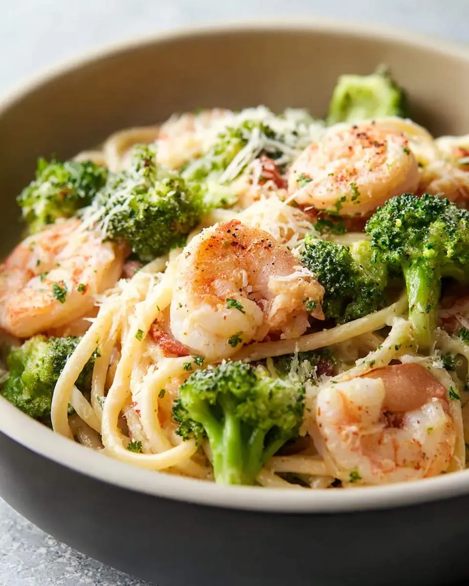 Shrimp and Broccoli Pasta 4 A close-up of creamy Shrimp and Broccoli Pasta topped with parmesan in a white bowl.