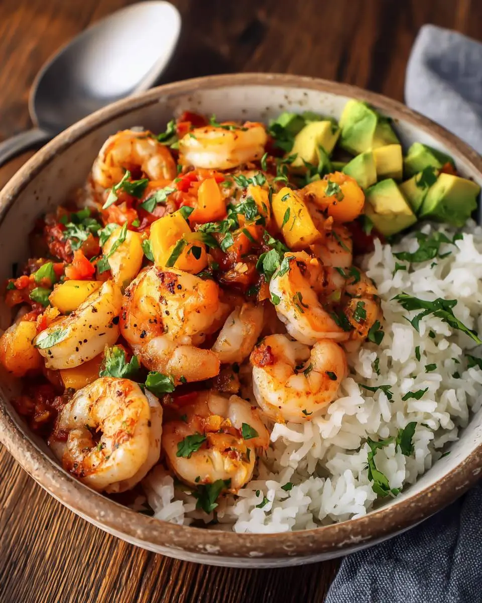 A delicious shrimp and rice bowl topped with mango salsa, avocado chunks, and fresh cilantro in a ceramic bowl.