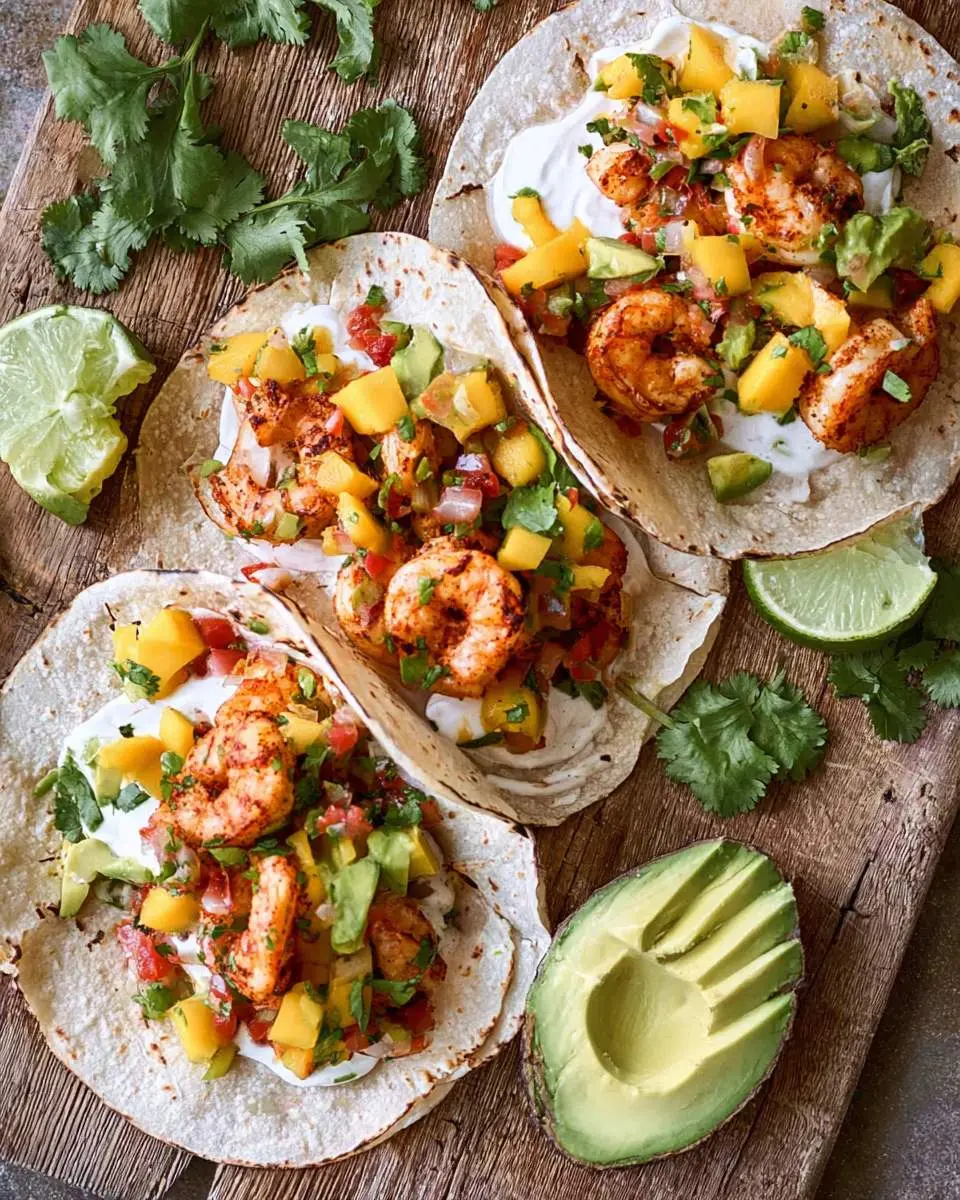 shrimp tacos mango salsa 4 Three grilled shrimp tacos with mango salsa, avocado, and lime on a wooden board.