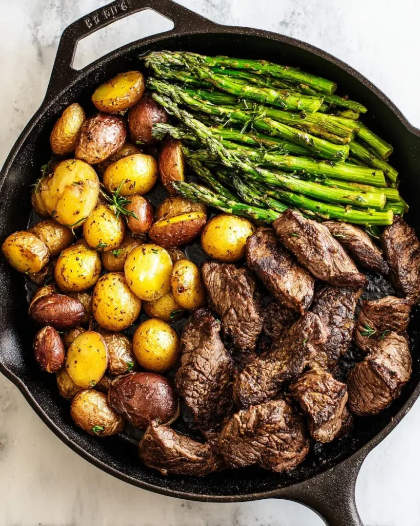 Skillet Steak With Asparagus And Potatoes arranged in a cast iron pan with golden potatoes and green asparagus.