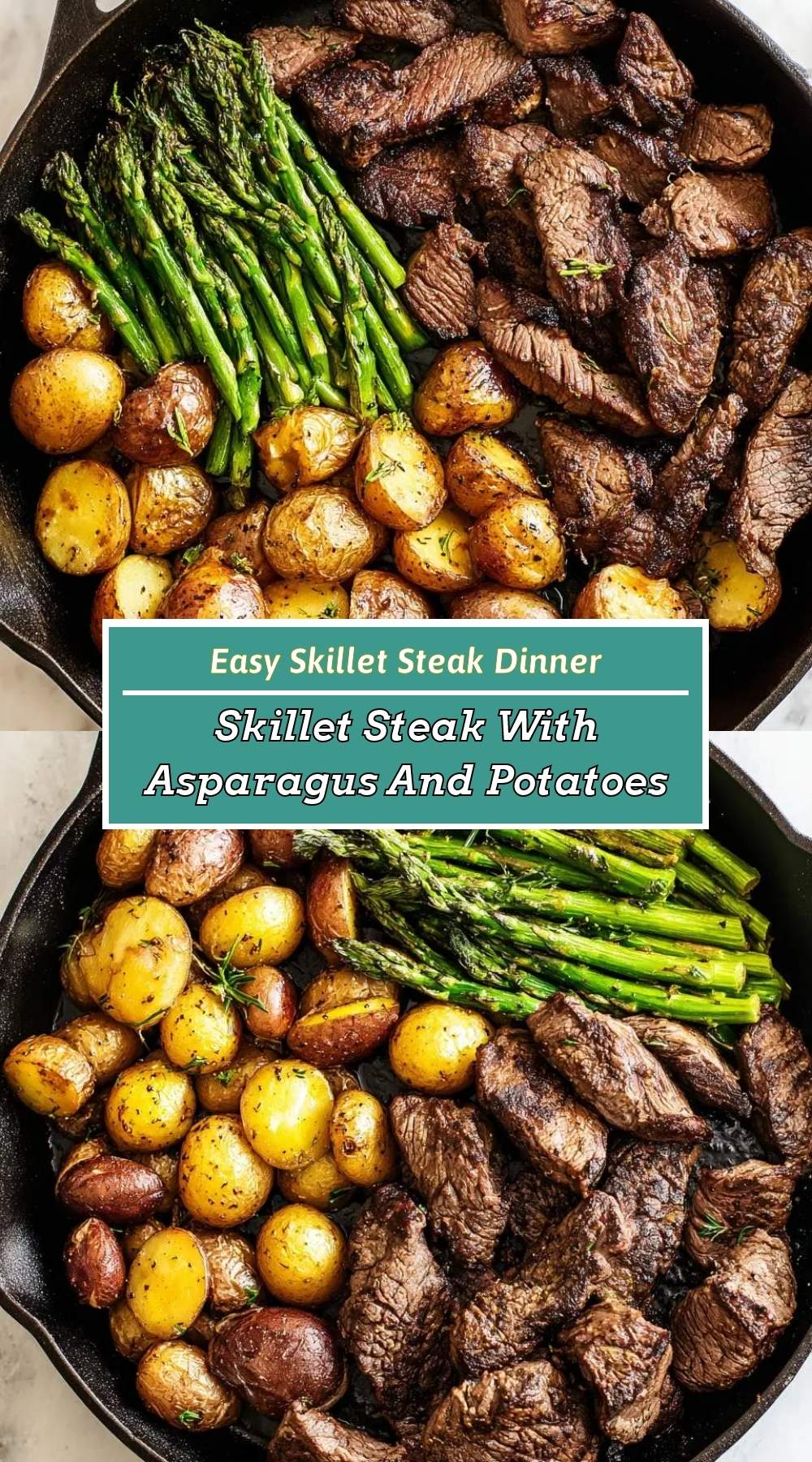 finished steak dinner with golden potatoes and bright green asparagus on a white plate
