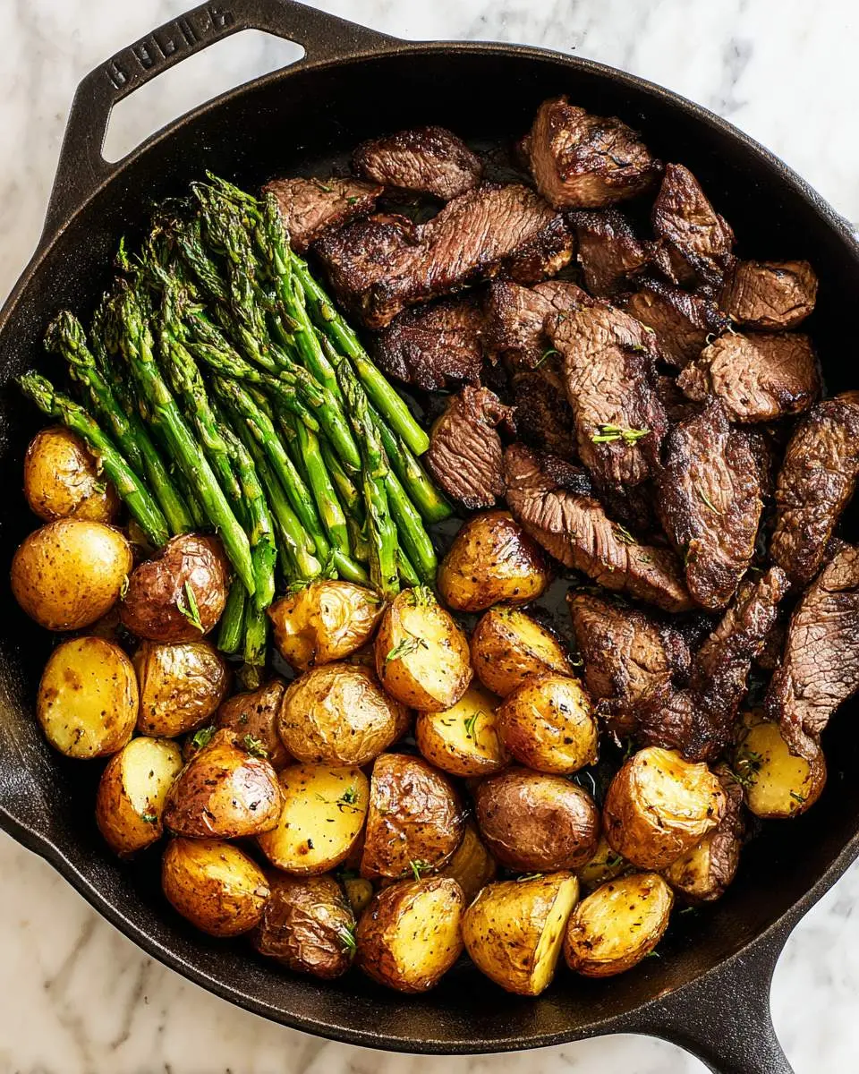steak searing in cast iron with potatoes and asparagus arranged around the edges