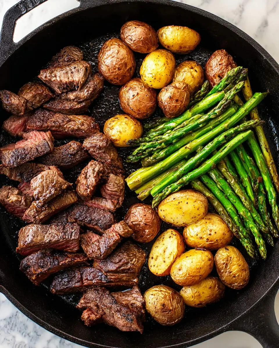 Skillet Steak With Asparagus And Potatoes ingredients arranged on a wooden board with cast iron skillet