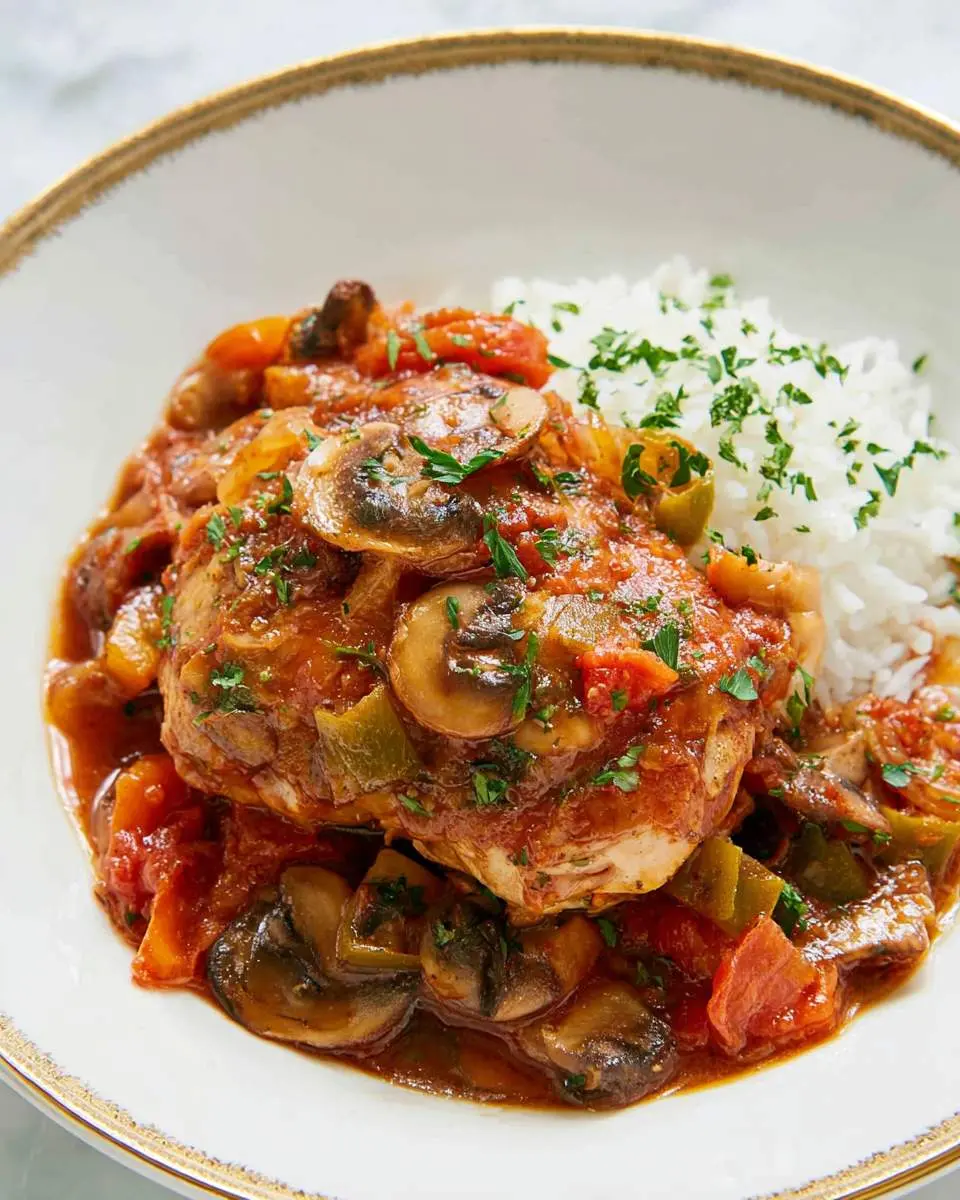 Slow Cooker Chicken Cacciatore with mushrooms, peppers, and tomatoes served over white rice in a white bowl.