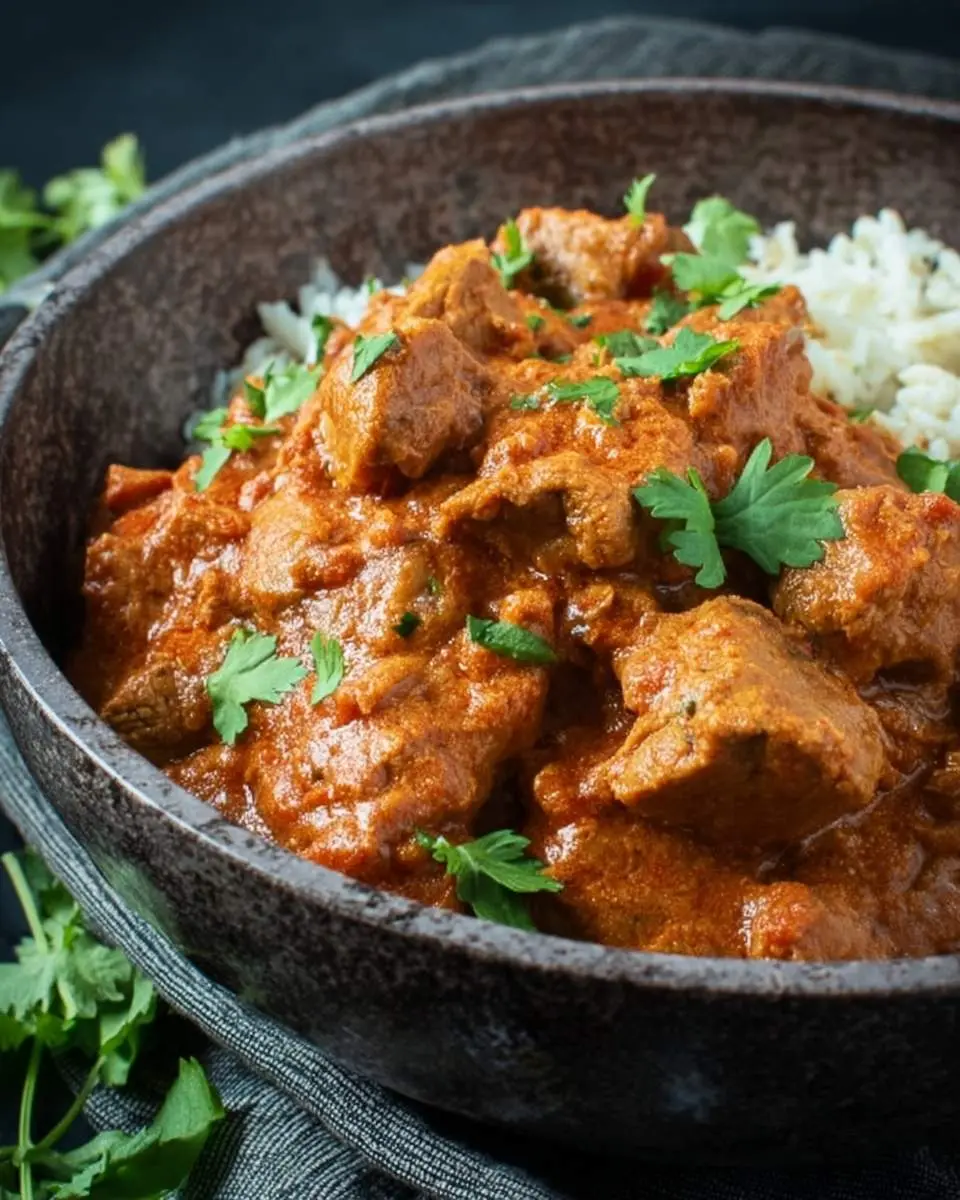 Slow Cooker Chicken Tikka Masala 4 A bowl of Slow Cooker Chicken Tikka Masala with tender chicken in creamy tomato sauce, served over rice and garnished with fresh cilantro.