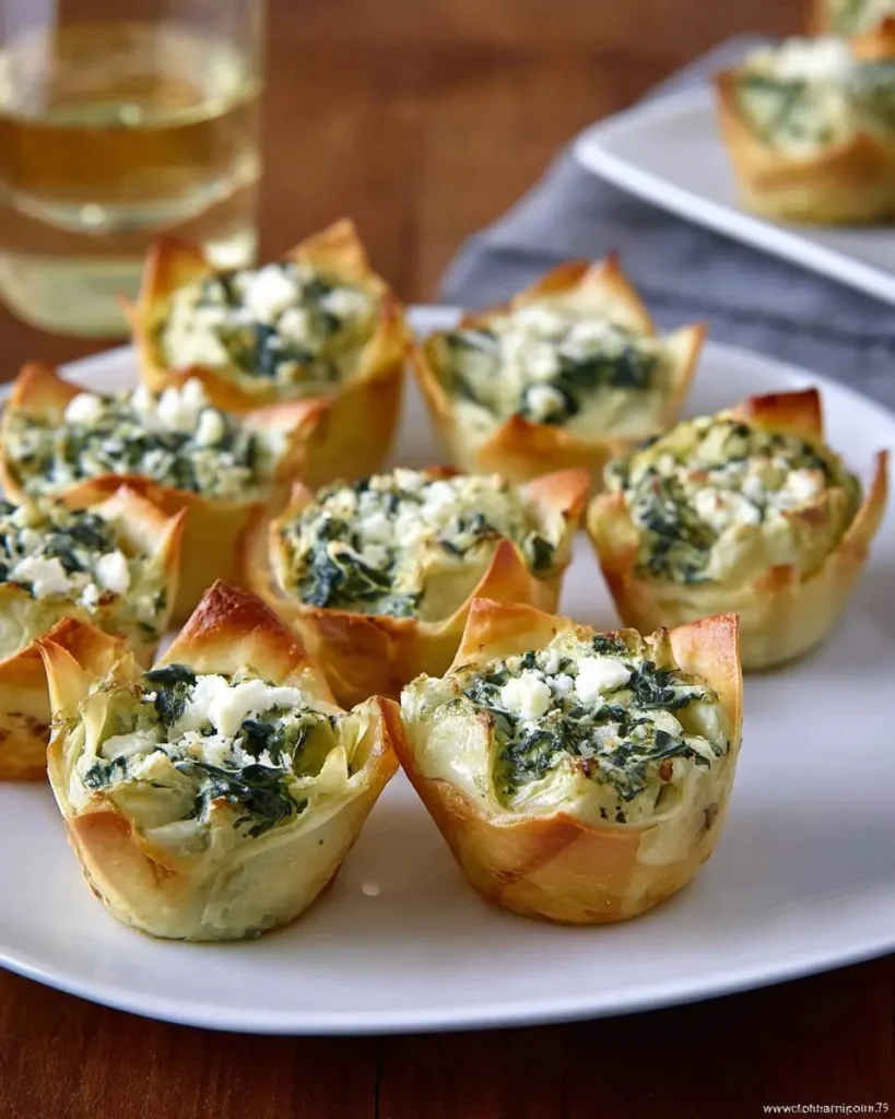 Golden baked Spinach and artichoke dip cups arranged on a white plate, made with crispy phyllo dough and topped with feta cheese.
