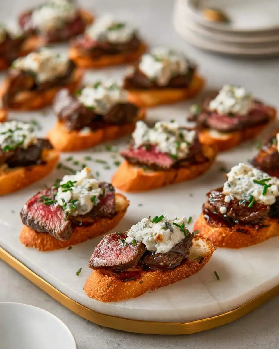 Steak Crostini With Boursin Cheese 4 Elegant Steak Crostini With Boursin Cheese topped with fresh chives, arranged on a marble serving board with gold trim.