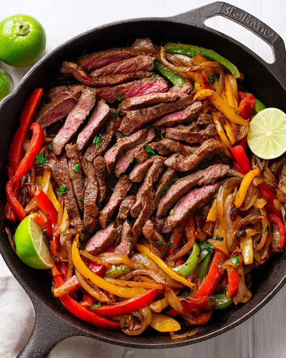 sliced steak and charred peppers arranged on a warm tortilla