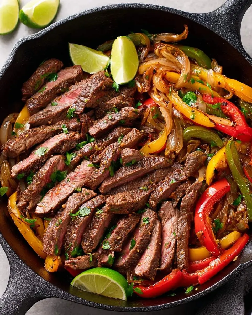 Sizzling Steak Fajitas with colorful bell peppers and onions in a cast iron skillet, garnished with fresh lime wedges and cilantro.