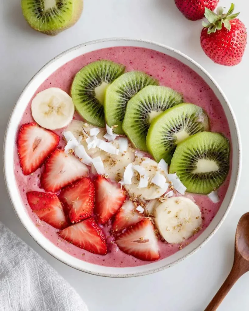 Strawberry Kiwi Smoothies Recipes Bowl topped with fresh fruit slices, coconut flakes, and granola on a white surface.