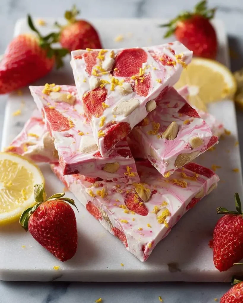 Stacked pieces of Strawberry Lemon Frozen Yogurt Bark topped with lemon zest, almonds, and freeze-dried strawberries on a marble board.