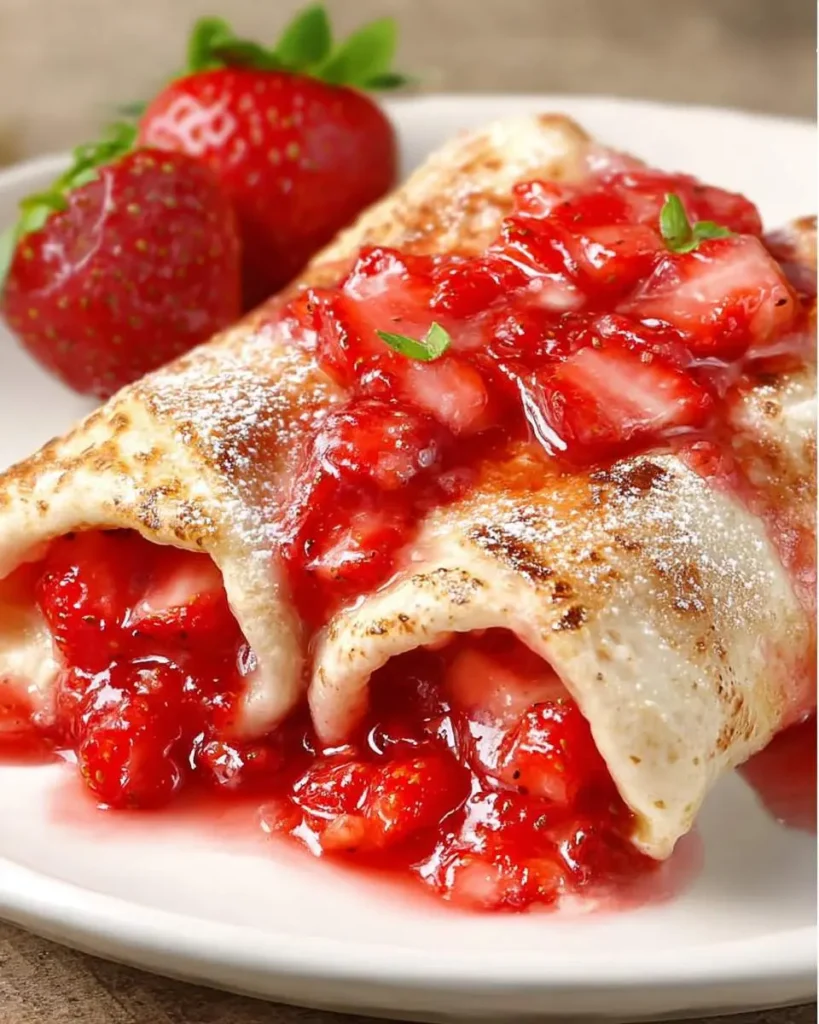 Strawberry pie enchiladas topped with fresh strawberry sauce and powdered sugar on a white plate.