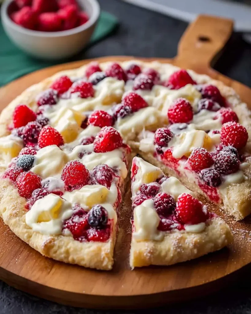Sugar Cookie Fruit Pizza topped with creamy frosting, fresh raspberries, blueberries, and pineapple chunks, dusted with powdered sugar.