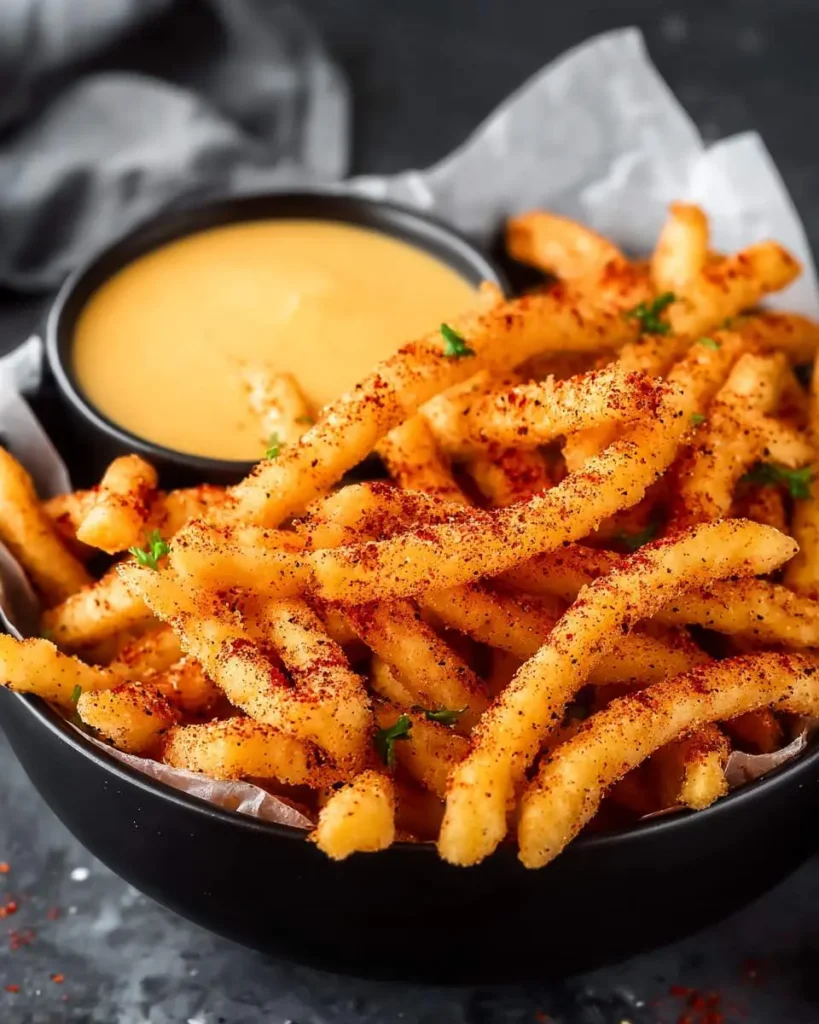 A bowl of crispy Taco Bell Nacho Fries topped with seasoning and served with creamy cheese sauce for dipping.