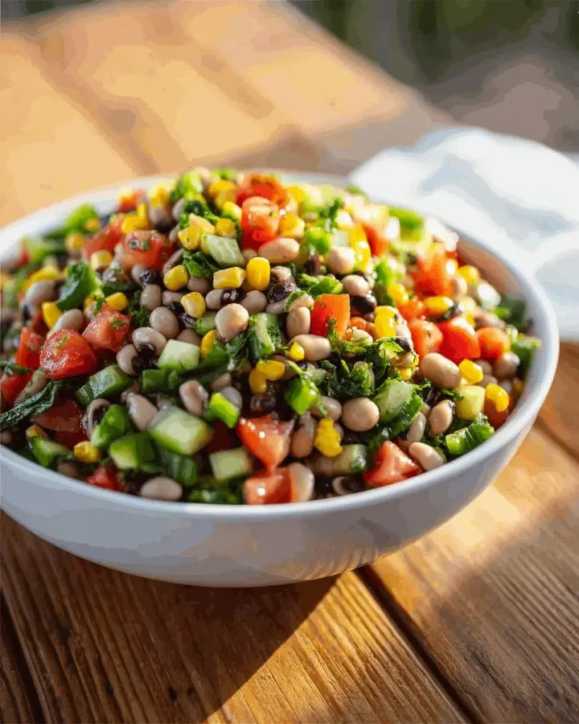 A bowl of colorful Texas Caviar salad with black-eyed peas, corn, tomatoes, and peppers on a wooden table.