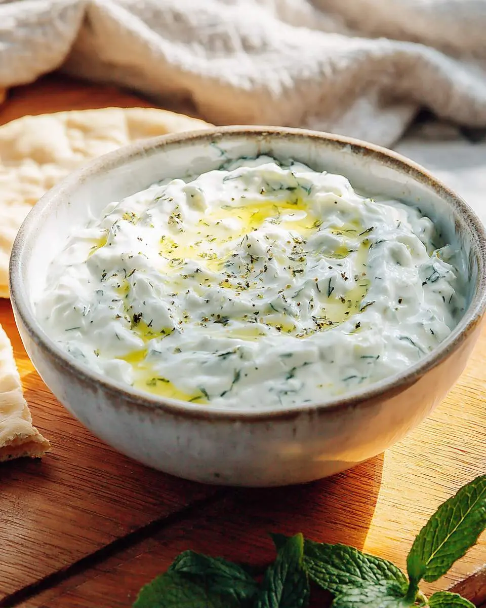 Tzatziki Sauce 1 Fresh tzatziki sauce ingredients including Greek yogurt, cucumber, and dill arranged on a cutting board