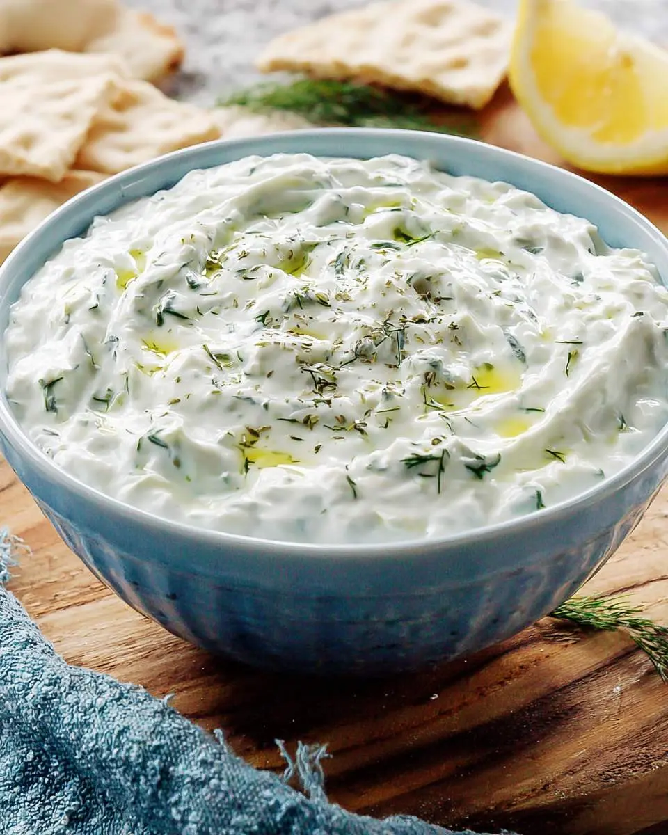 Tzatziki Sauce 4 Creamy Tzatziki Sauce in a blue bowl garnished with fresh dill and olive oil, served with pita bread and lemon.