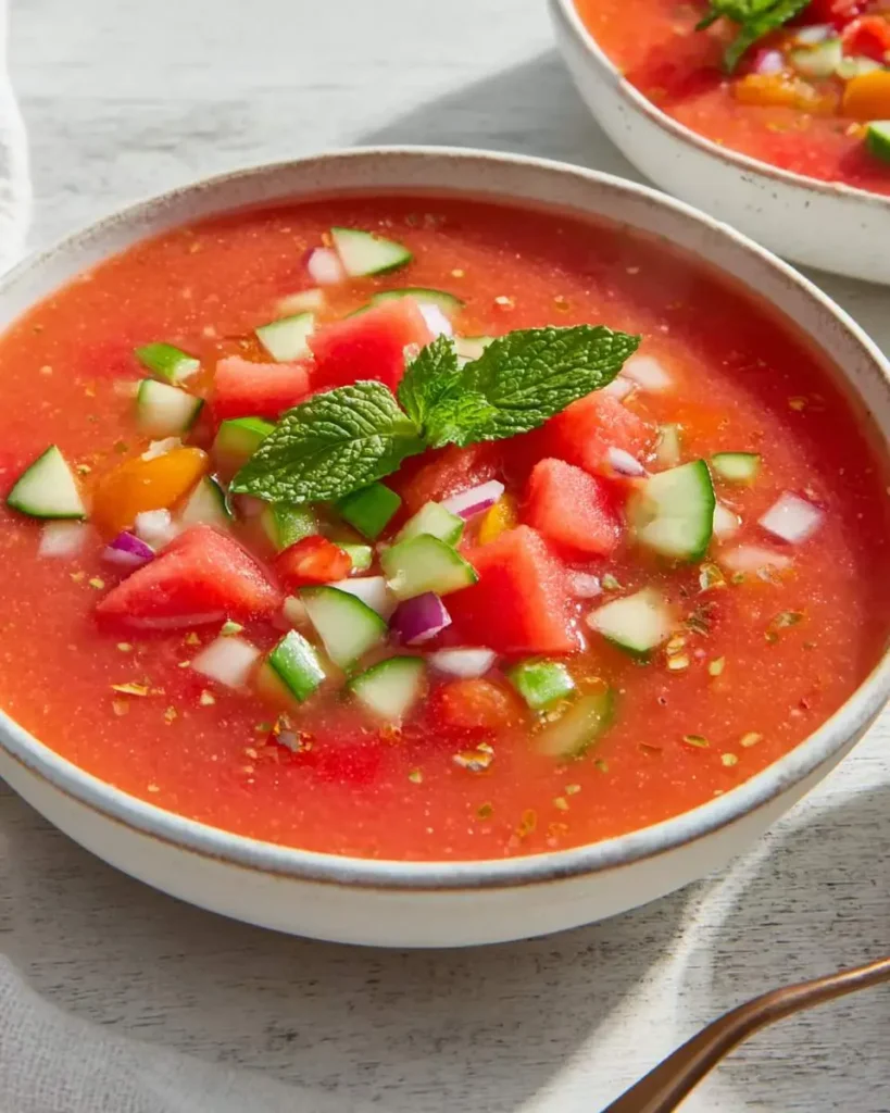 A bowl of refreshing Watermelon Gazpacho topped with diced cucumber, red onion, and fresh mint leaves.