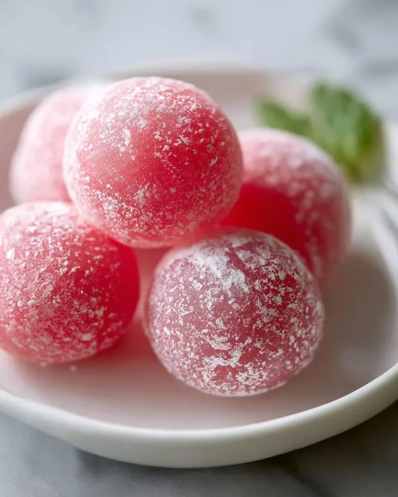 Five pink Watermelon Mochi Joy balls dusted with white powder stacked on a small white plate with mint leaves in the background.