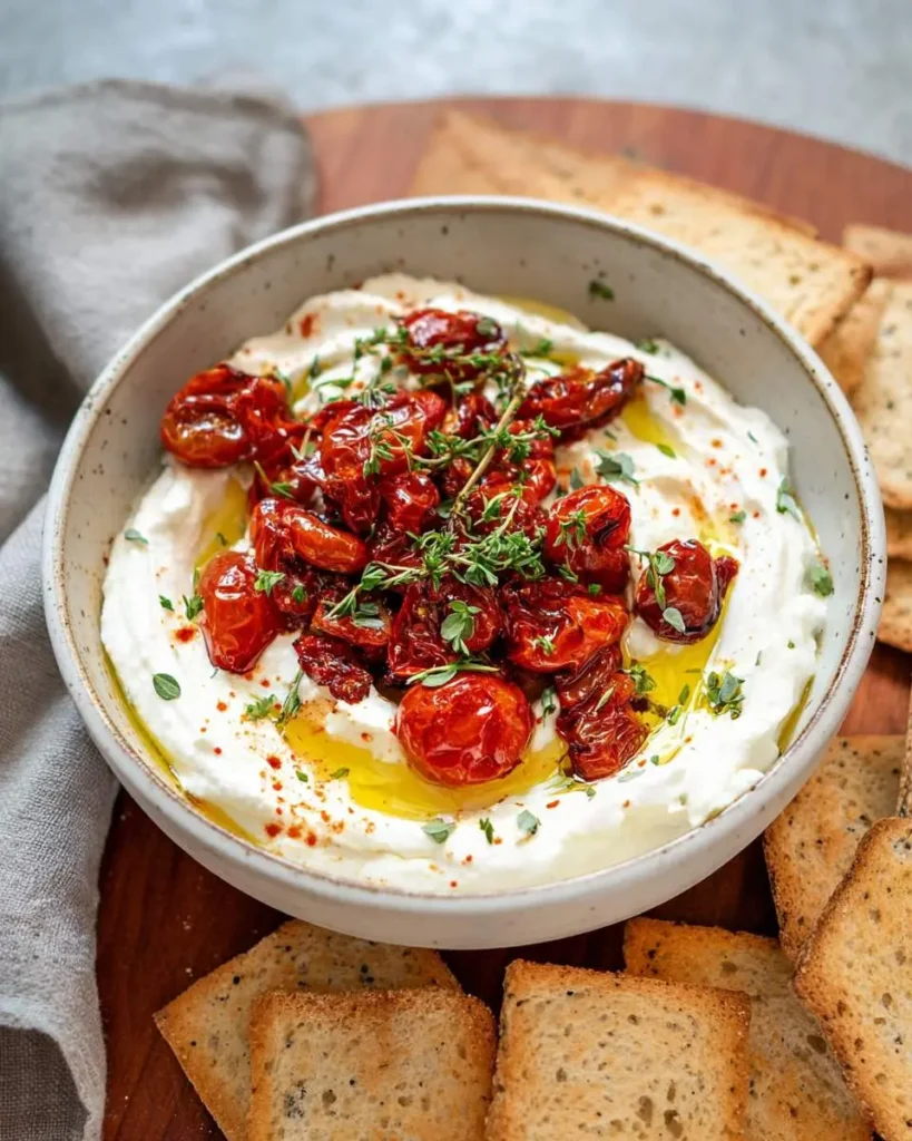 A ceramic bowl of Whipped Feta With Roasted Tomatoes topped with fresh thyme and olive oil, served with crackers.