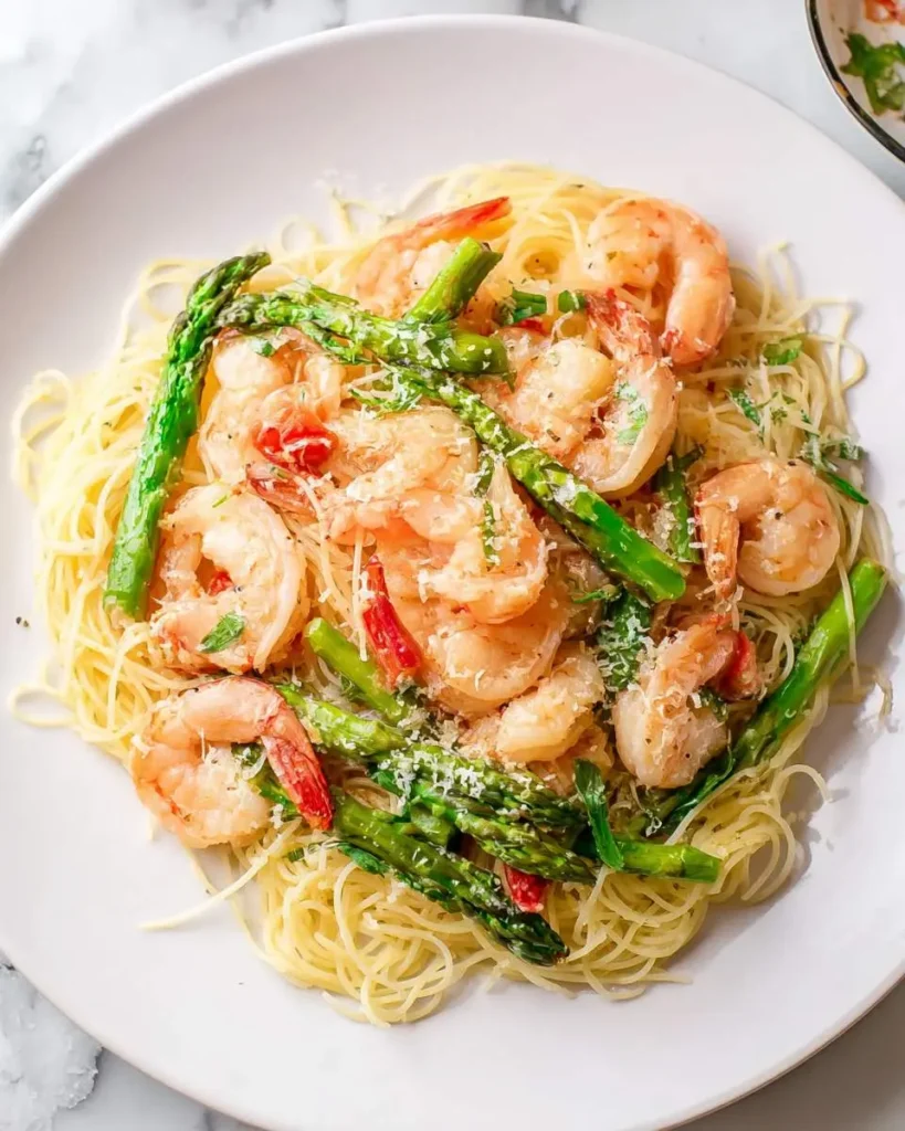 A white plate of Angel hair pasta with shrimp and asparagus topped with grated parmesan cheese.
