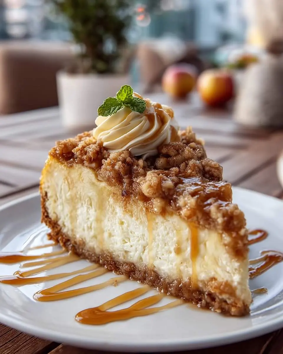 A decadent slice of Apple Crisp Cheesecake topped with whipped cream, caramel drizzle, and fresh mint on a white plate.