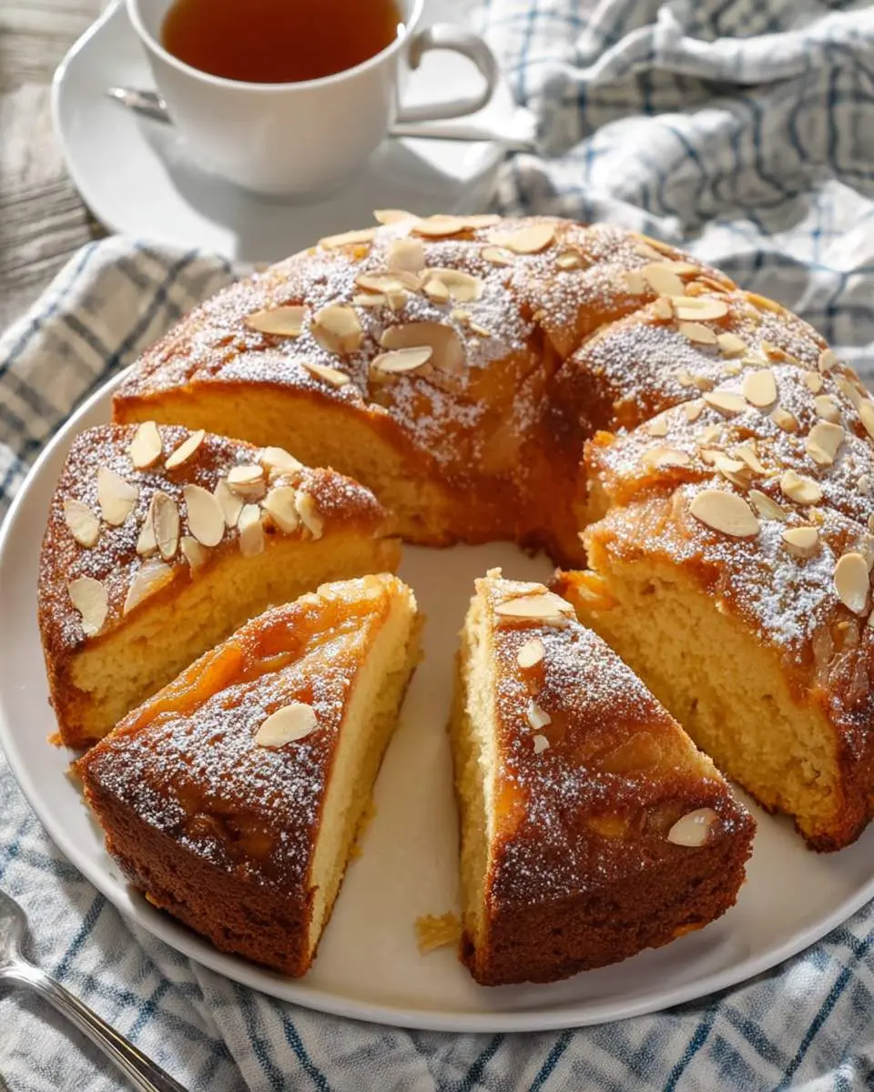 Apricot Almond Coffee Cake 4 Sliced Apricot Almond Coffee Cake topped with sliced almonds and powdered sugar, served with tea.
