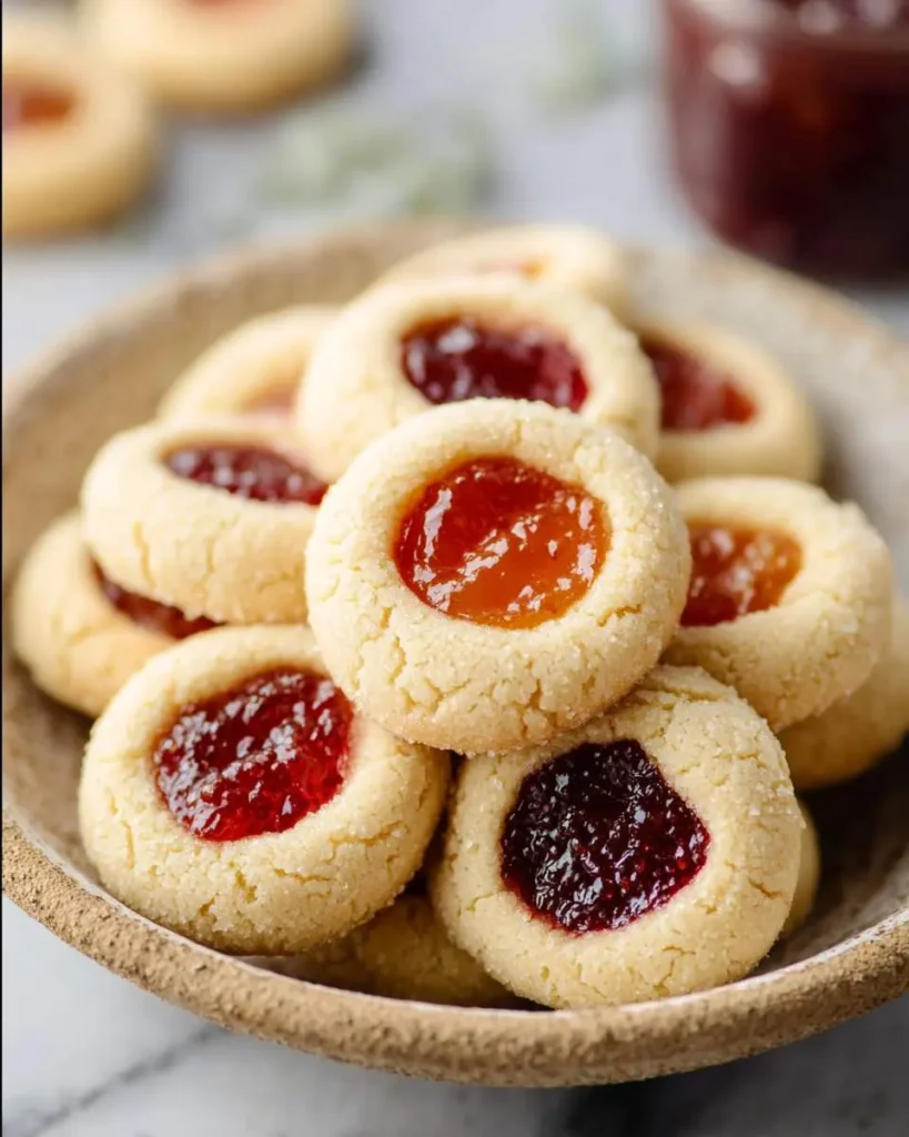 A rustic bowl filled with buttery Apricot Jam Thumbprint Cookies, featuring golden shortbread and colorful jam centers.